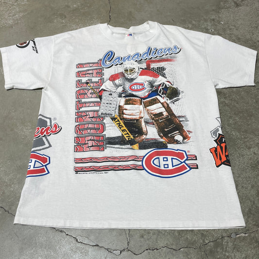 Vintage 90s Montreal 1991 Bulletin All Over Print Tee